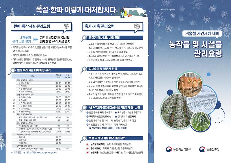 겨울철 자연재해 대비, 농작물 및 시설물 관리요령 안내