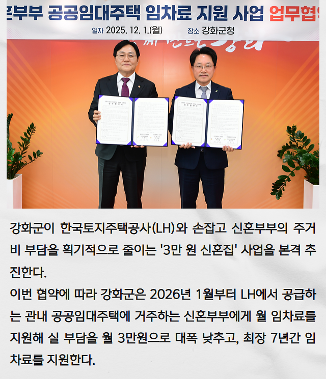 강화군, 3만원 신혼집 공급한다