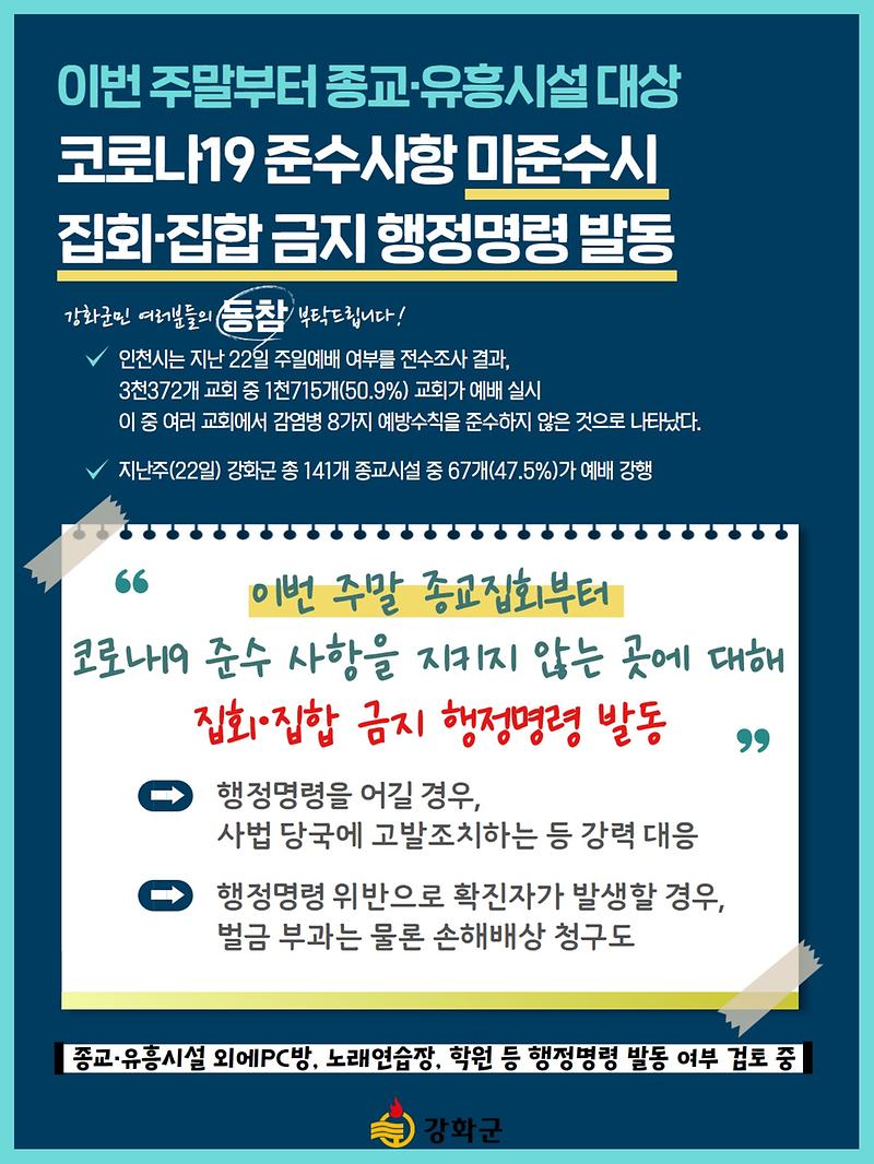이번 주말부터 종교·유흥시설 대상 코로나19 준수사항 미준수시 집회·집합 금지 행정명령 발동