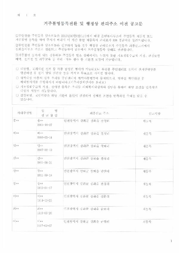 거주불명등록공고
