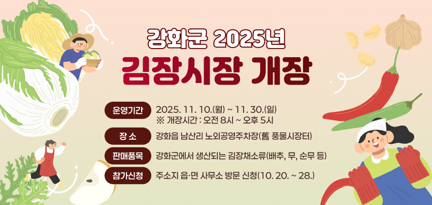 강화군 2025년 김장시장 개장

○ 운영기간 : 2025. 11. 10.(월) ~ 11. 30.(일)
※ 개장시간 : 오전 8시 ~ 오후 5시
○ 장 소 : 강화읍 남산리 노외공영주차장(舊 풍물시장터)
○ 판매품목 : 강화군에서 생산되는 김장채소류(배추, 무, 순무 등)
○ 참가신청 : 주소지 읍·면 사무소 방문 신청(10. 20. ~ 28.)