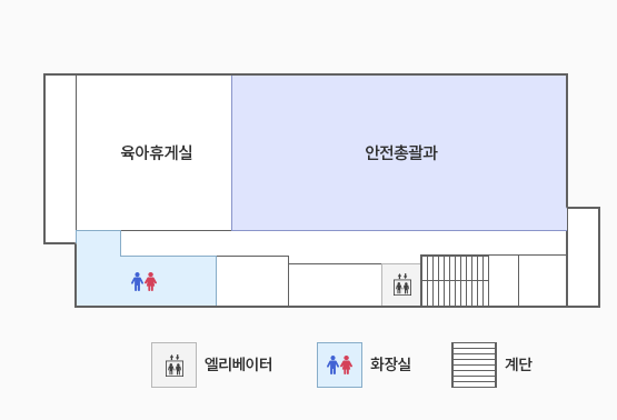 CCTV관제센터2층의 청사안내도. 10시방향에 육아휴게실, 그 오른쪽에 안전총괄과, 그 아래에 계단이 있습니다.