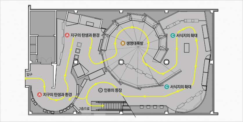 박물관1층 배치도 - A지구의 탄생과 환경→B생명대폭발→C서식지의 확대→D인류의 등장